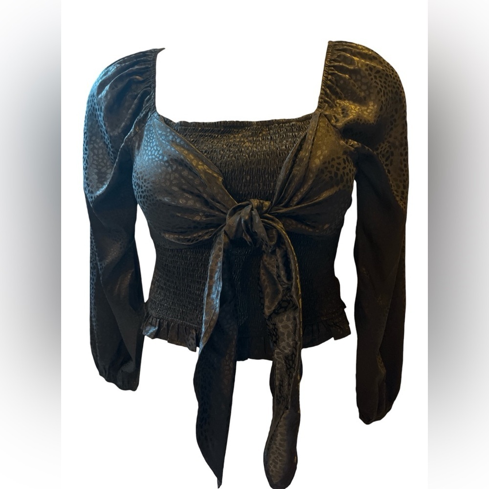 Savanna Jane Elastic Bodice Black Tie Front Women's Satin Blouse NWT